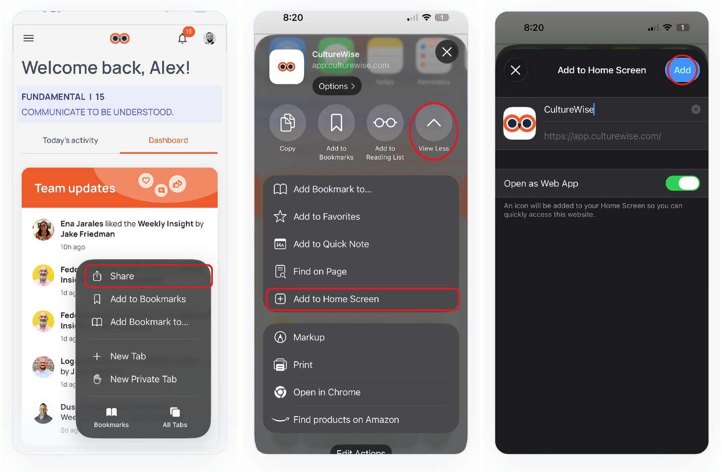 The three iPhone steps in Safari: tap Share, tap View More then Add to Home Screen, then tap Add.