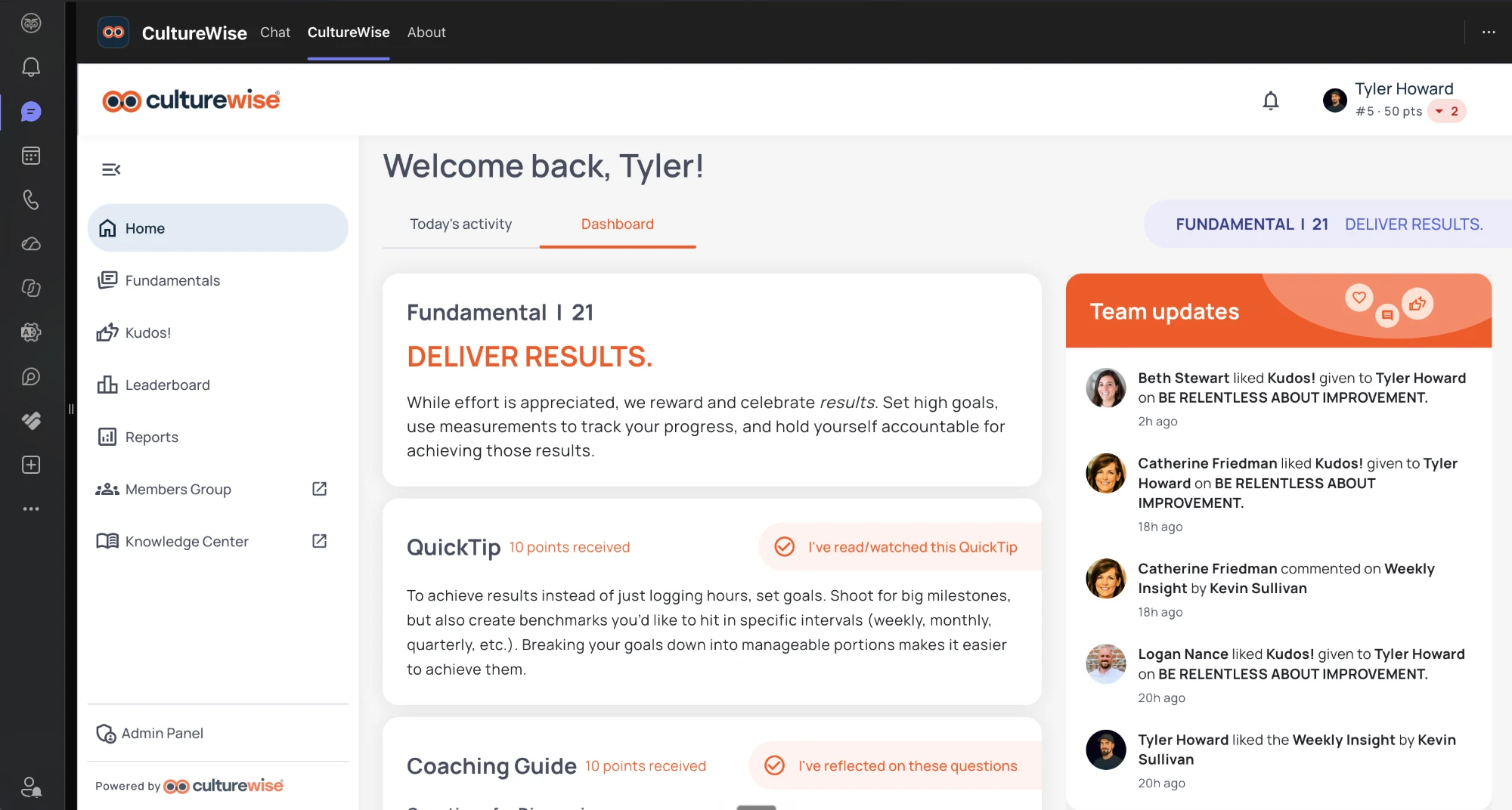 The CultureWise dashboard running inside Microsoft Teams