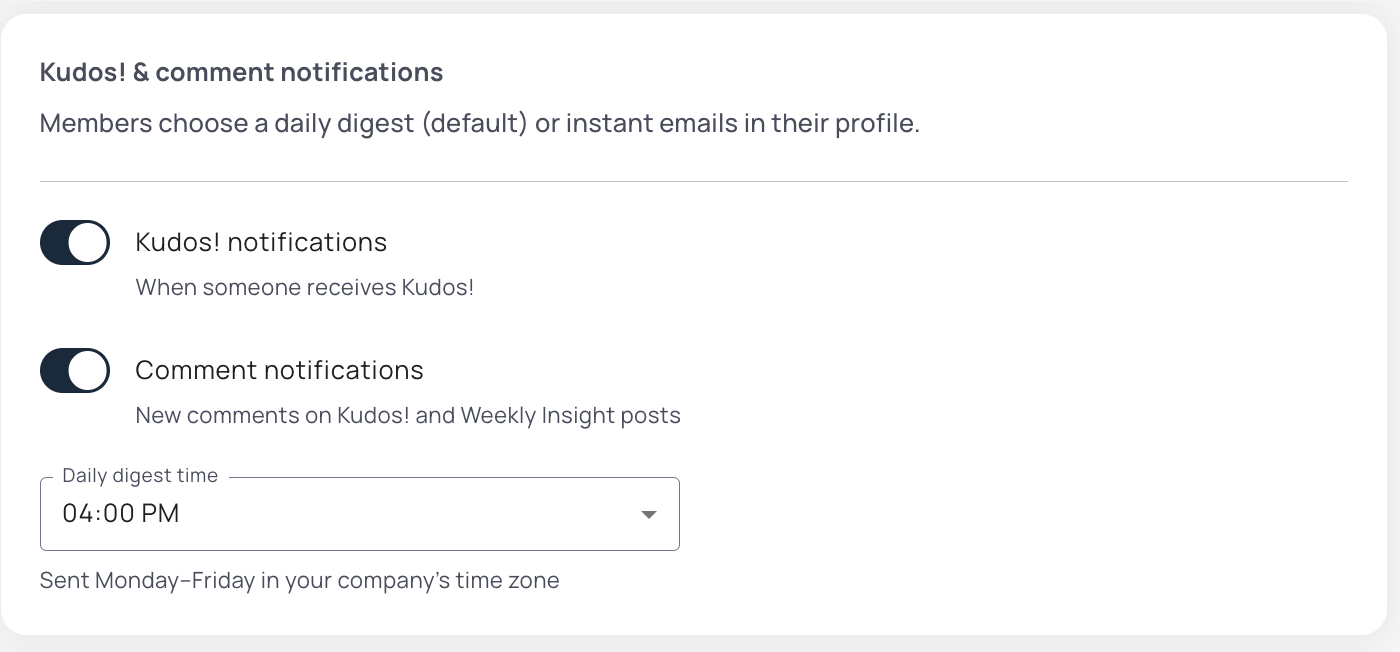 Admin settings for Kudos! and comment notifications with a daily digest time