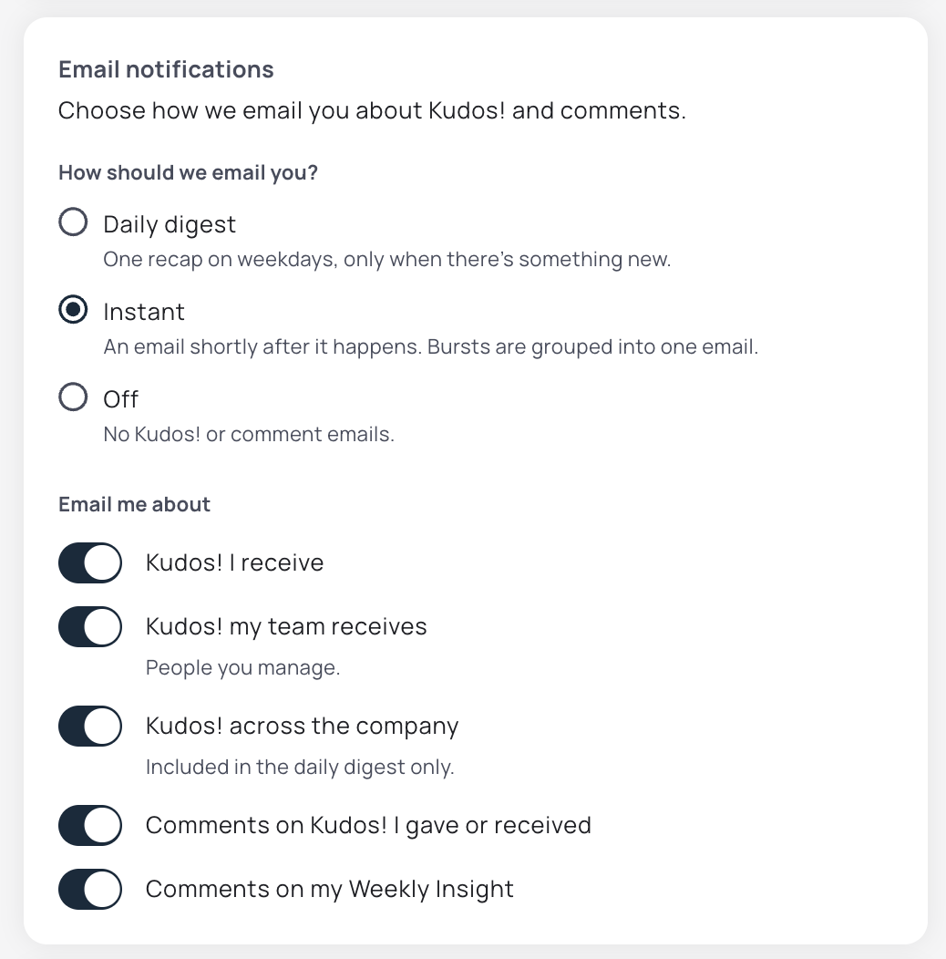 Member email notification settings with digest, instant, and off options