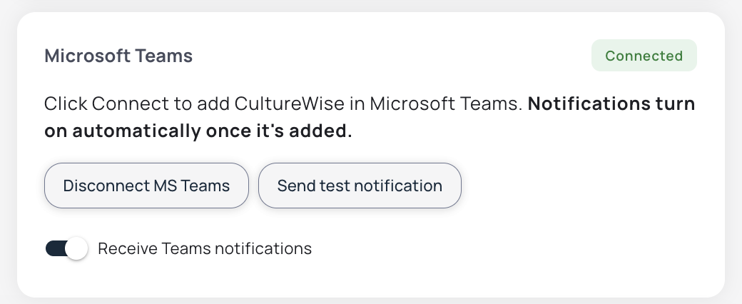 The Microsoft Teams section of CultureWise profile settings, connected